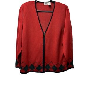 VTG Lucia L Red Cardigan Sweater‎ Holiday Festive Argyle Secretary 90s Ski Retro
